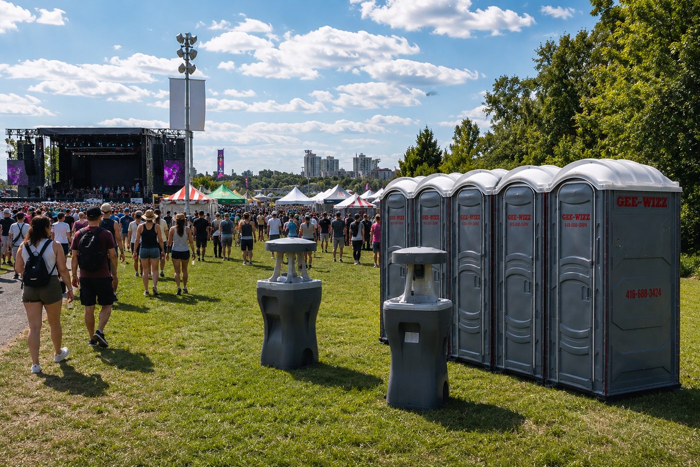 Gee~Wizz portable toilets and hand wash stations at an outdoor music festival