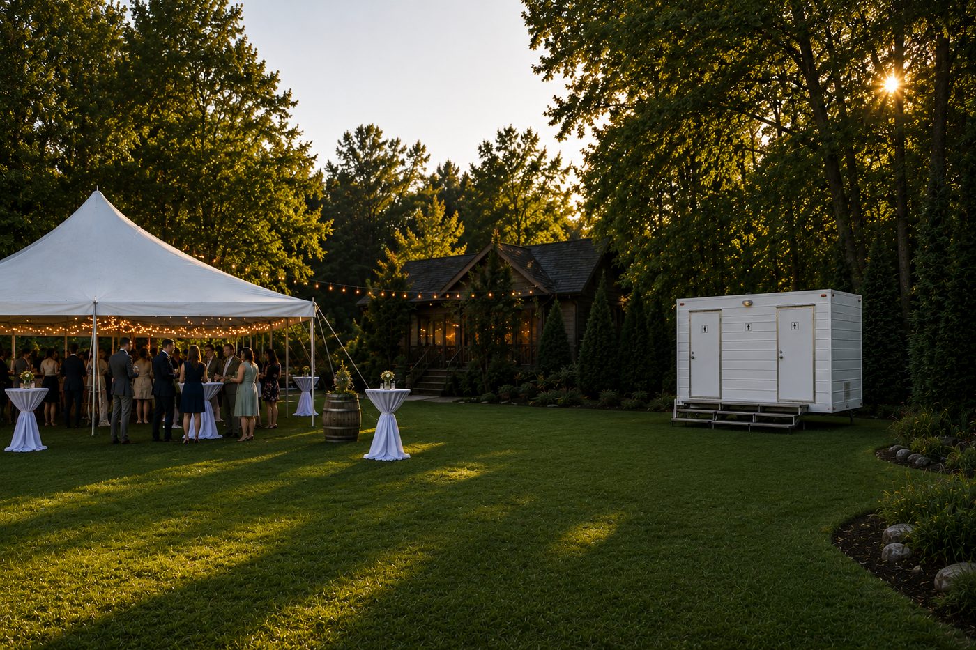 Restroom trailer at a backyard tent celebration at dusk