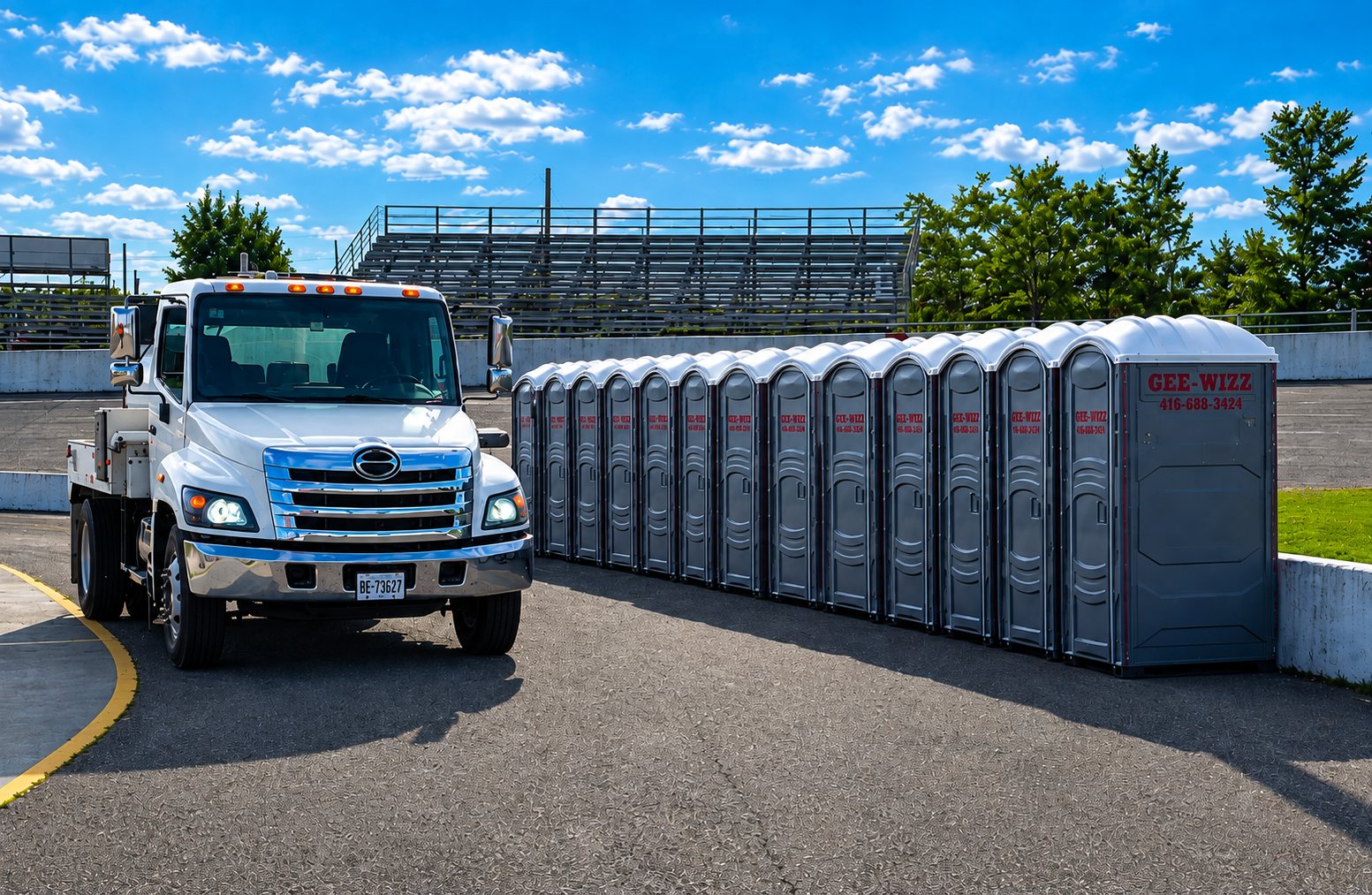 Gee~Wizz truck with a long row of branded portable toilet units set up at an event venue
